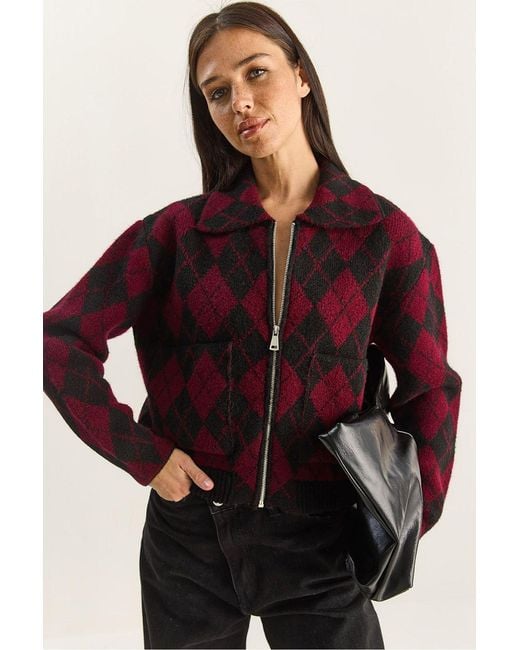 Bianco Lucci Red Thick Jacquard Knit Cardigan With Zipper