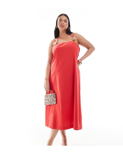 Renee Studio Red Plus Exclusive Linen Look Halterneck Seashell Hardware Detail Strappy Midi Dress