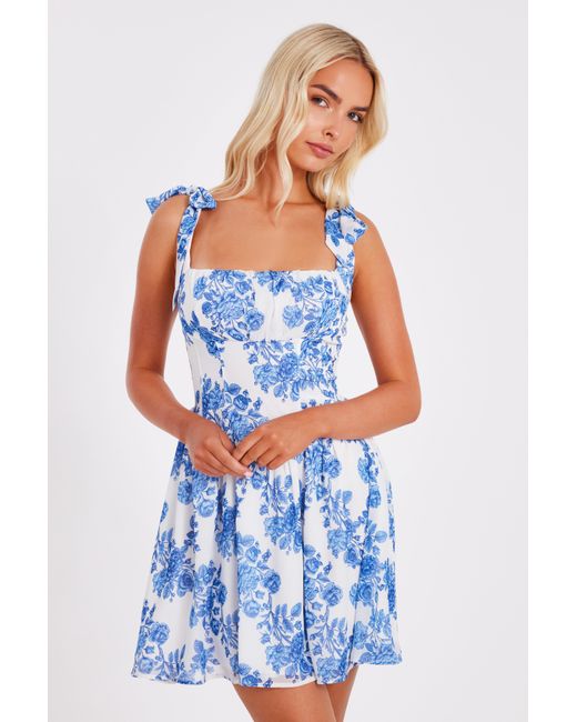 Quiz Chiffon Floral Mini Dress in Blue