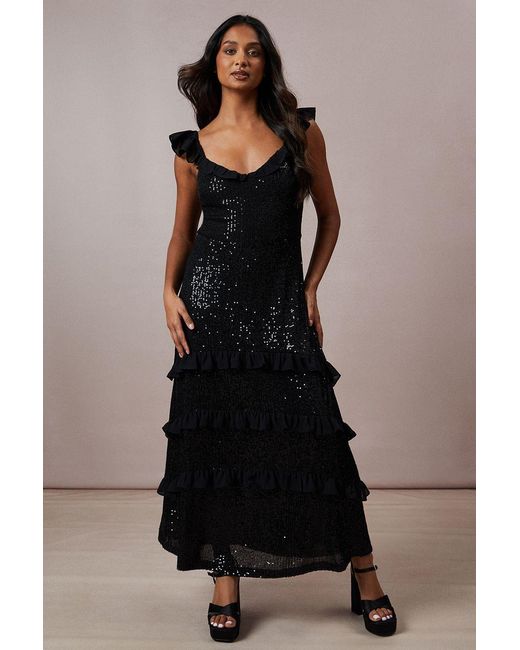 Oasis Black Occasion Sequin Ruffle Midaxi Dress