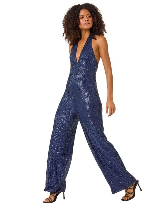 D.u.s.k Blue Sequin Plunge V-Neck Jumpsuit