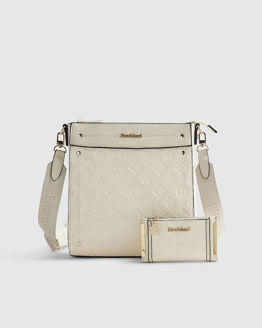 River Island Natural Messenger Bag Embossed Monogram Bundle Zip Pu