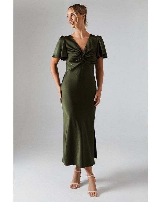 Oasis Green Satin Twist Front Angel Sleeve Midi Bridesmaids Dress