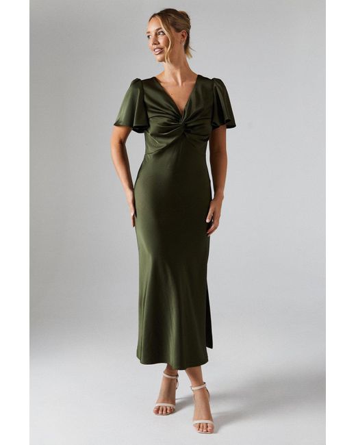 Oasis Green Satin Twist Front Angel Sleeve Midi Bridesmaids Dress