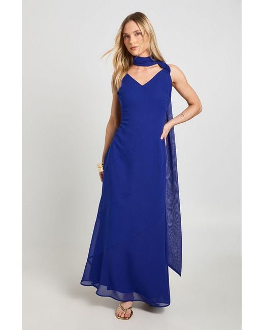 Boohoo Blue Petite Chiffon Drape Neck Scarf Detail Maxi Dress