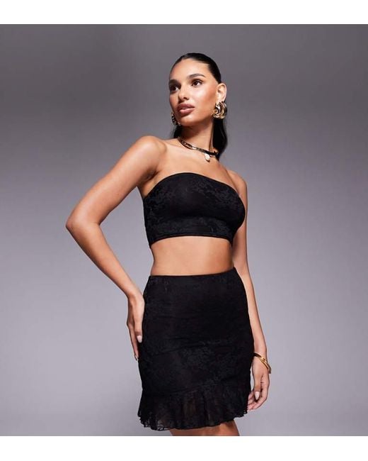 Kaiia Black Exclusive Double Layered Slinky Lace Ruffle Mini Skirt Co-Ord