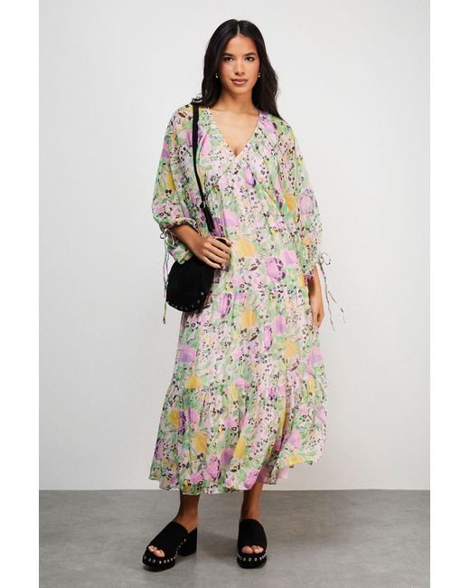 Warehouse Natural Chiffon Batwing Midi Dress