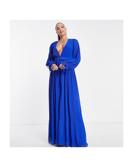 ASOS Blue Design Pleated Blouson Sleeve Maxi Dress With Belt Detail