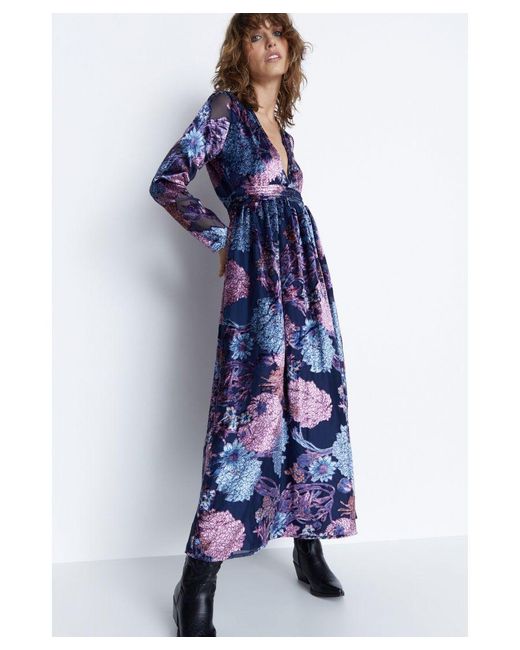 Warehouse Blue Paisley Velvet Devore Plunge Maxi Dress