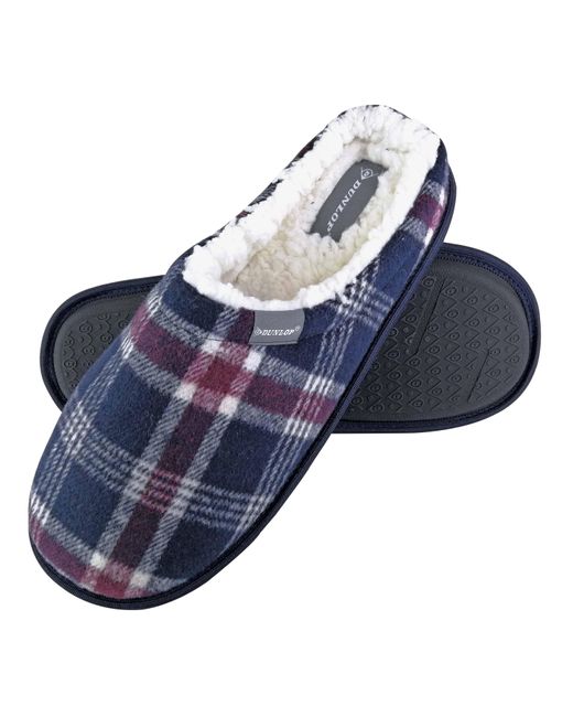 Dunlop Blue Warm Plush Fleece Lined Slip On Mule Checked Plaid House Slippers for men
