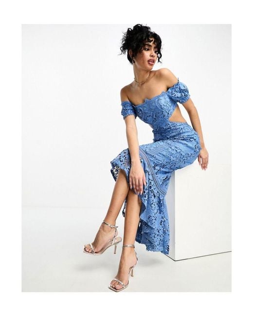 ASOS Blue Lace Bardot Cut Out Maxi Dress With Frill Hem