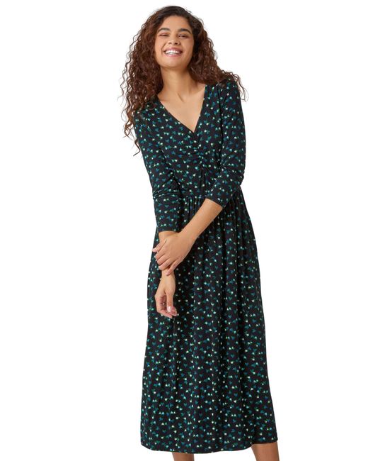 Roman Blue Ditsy Print Pocket Midi Stretch Dress