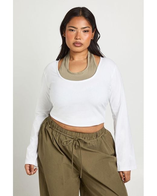 Boohoo White Plus Contrast Layer 2-1 Halter Neck Top