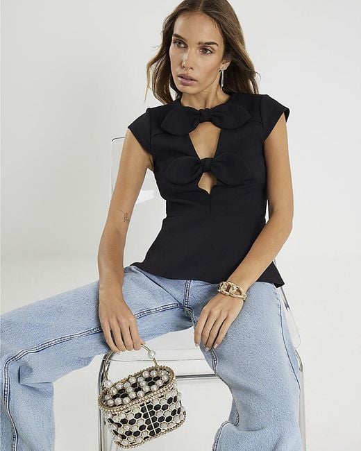 River Island Blue Top Plunge Neckline Bow