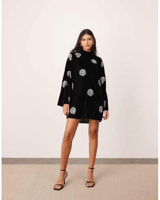ASOS Natural Embellished Diamante Fringe High Neck Velvet Mini Dress