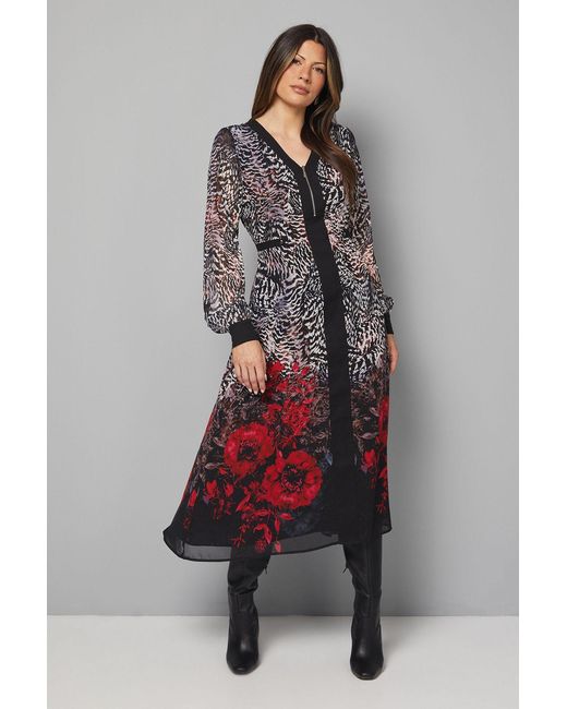 Wallis Gray Animal Ombre Floral Zip Midi Dress