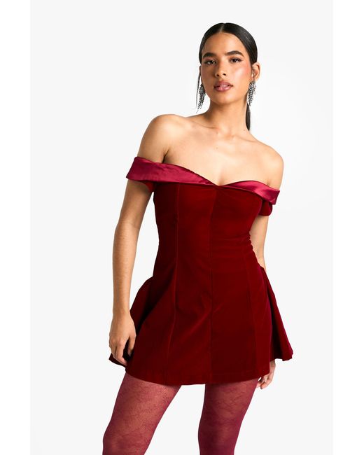 Boohoo Red Velvet Bardot Skirt Mini Dress