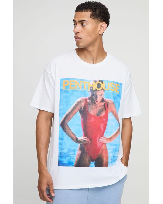 BoohooMAN White Oversized Penthouse Magazine License T-Shirt for men