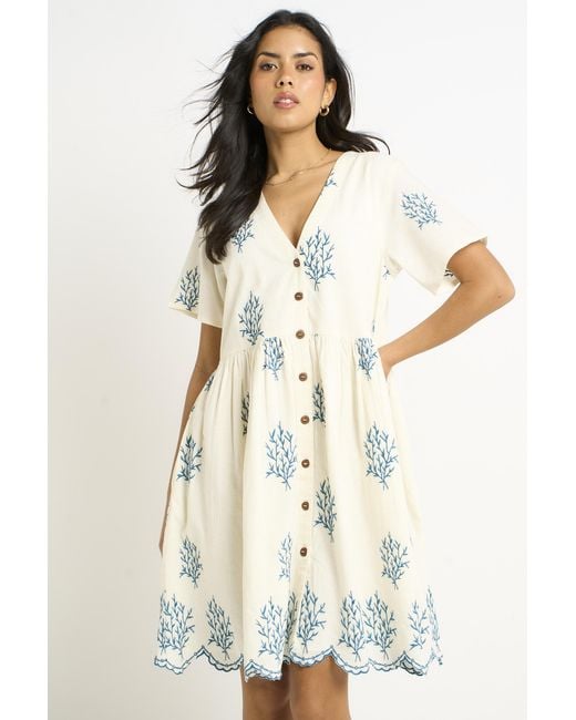 Gini London Natural Marshmallow Cotton Embroidered Smock Mini Dress
