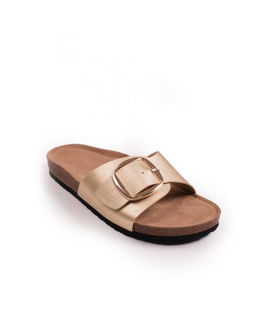 Where's That From Metallic 'Sequoia' Flat Single Strap Sandals With Buckle Detail
