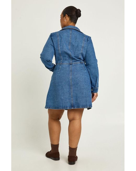 Boohoo Blue Plus Collared Button Down Long Sleeve Denim Mini Dress