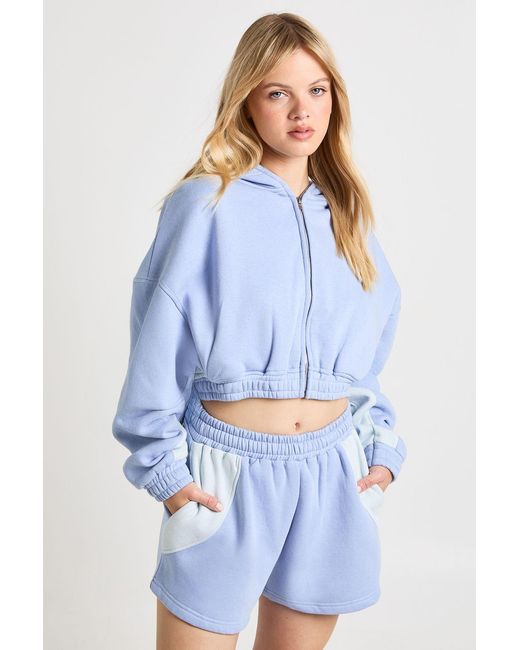Boohoo Blue Petite Contrast Panel Zip Through Hooded Short Tracksuit