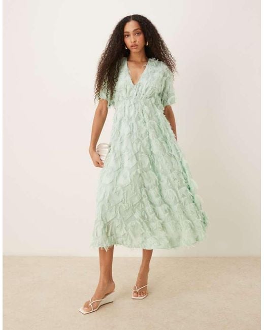 Y.A.S Green Textured V Neck Midi Dress