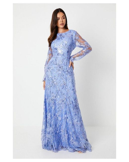 Coast Blue Long Sleeve Embroidered Mesh Fishtail Gown