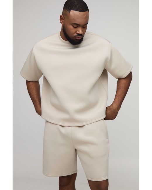 BoohooMAN Natural Plus Oversized Boxy Bonded Scuba T-Shirt & Relaxed Short Set for men