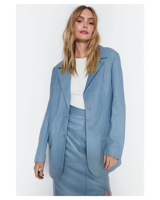 Warehouse Blue Real Leather Single Breasted Blazer