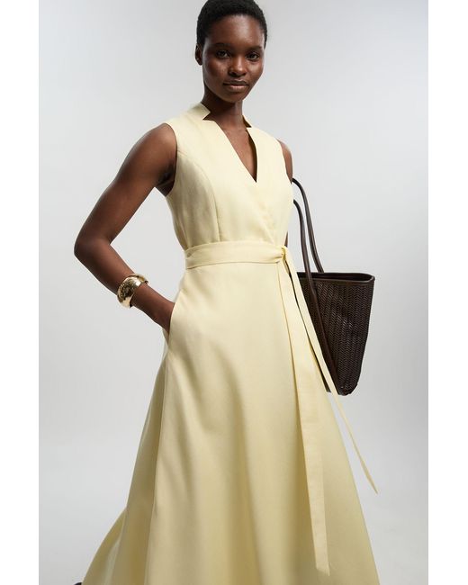 Karen Millen Natural Tailored Linen Wrap Tie Waisted Maxi Dress