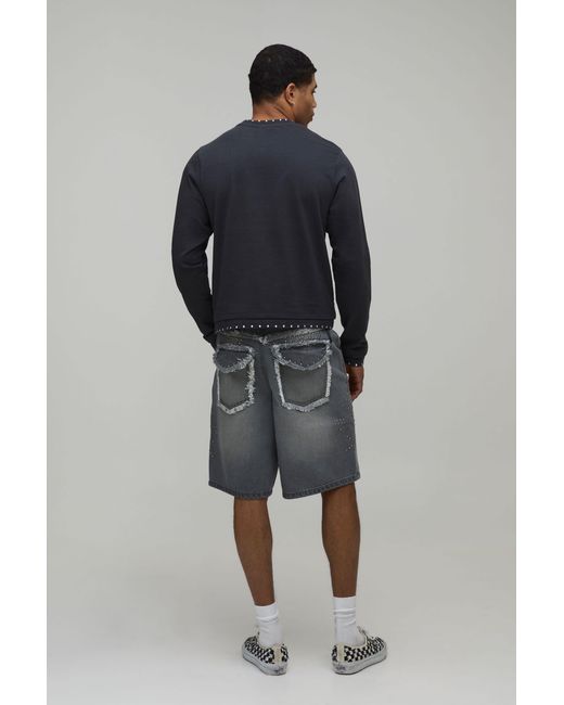 BoohooMAN Gray Baggy Rigid Embellished Distressed Pocket Denim Shorts for men