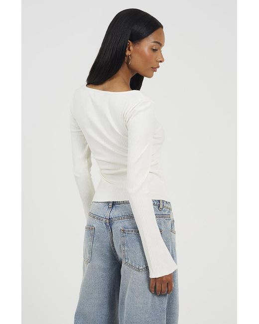 Brave Soul White Ribbed Scoop Neck Top With Lettuce Hem