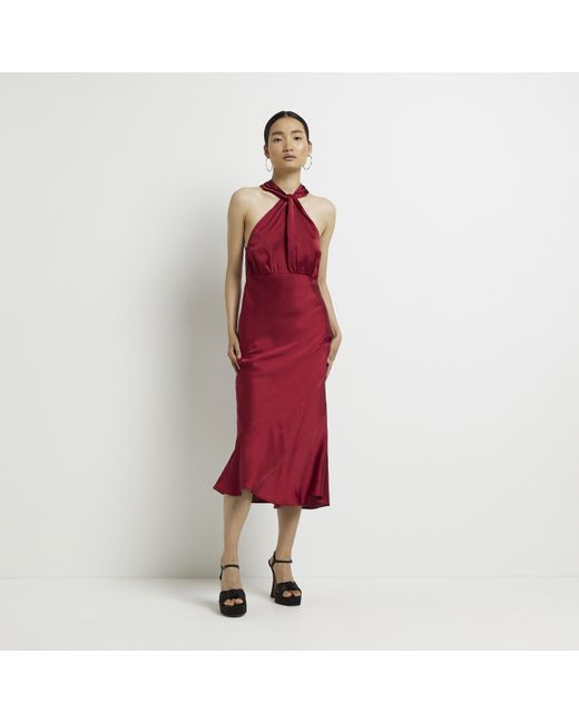 River Island Red Midi Dress Satin Halter Neck