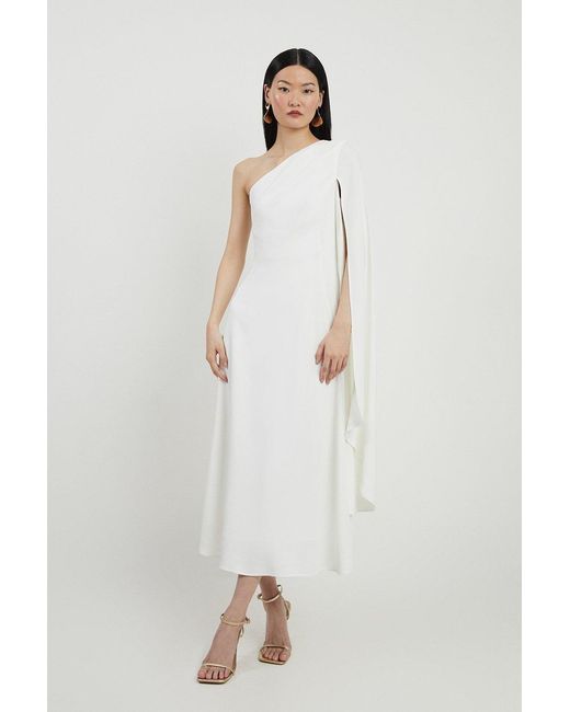 Karen Millen Natural Satin Back Crepe One Shoulder Drape Sleeve Maxi Dress