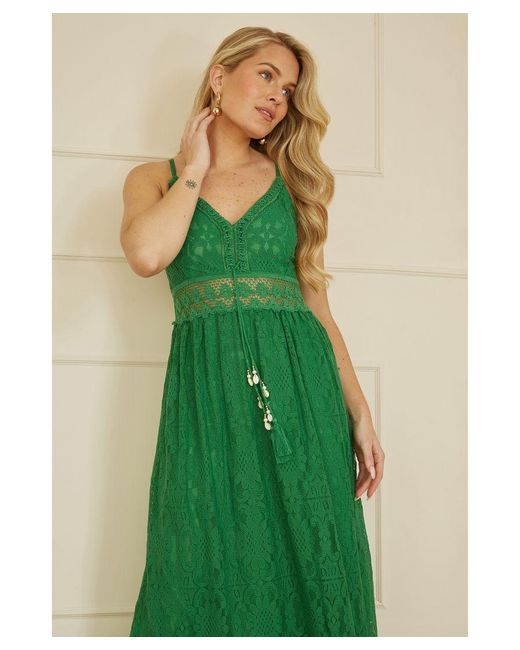 Yumi' Green Lace Midi Sundress With Tassel Tie And Ruched Back Cotton