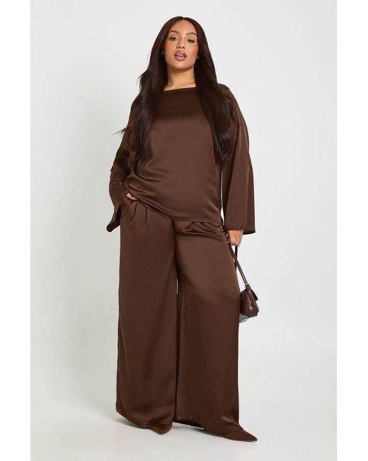Boohoo Brown Plus Boat Neck Boxy Satin Top And Wide Leg Trousers