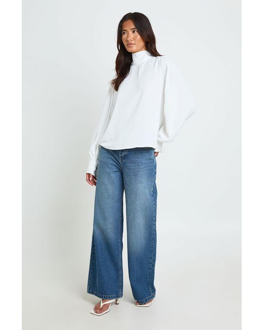 Boohoo Blue High Neck Balloon Sleeve Blouse