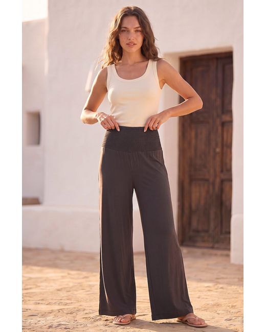 Roman Brown Petite Shirred Wide Leg Stretch Trouser
