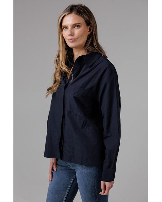 French Connection Blue Cotton Long Sleeve Chest Pocket Poplin Popover High-Low Hem Shirt