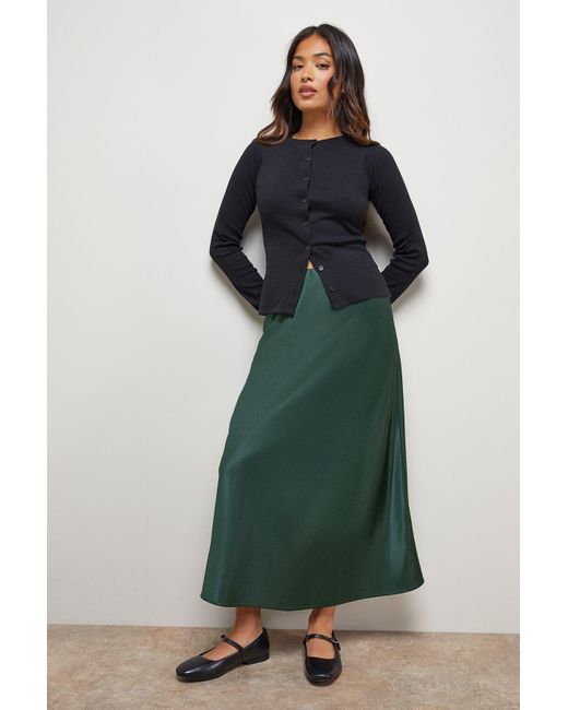 Oasis Green Petite Satin Bias Cut Midi Skirt