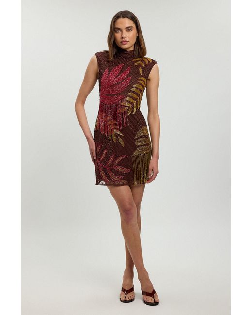 Karen Millen Brown Petite Tropical Bead Detail Mini Dress