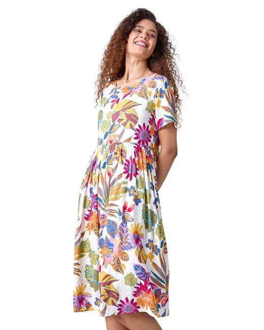 Roman White Floral Print Cotton Midi Dress