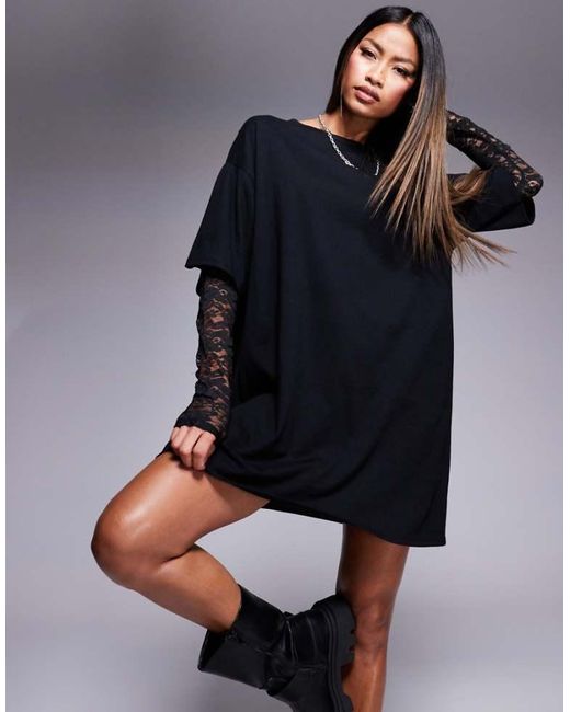 ASOS Blue T-Shirt Mini Dress With Lace Sleeves