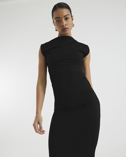 River Island Black High Neck Top Short Sleeve Draped