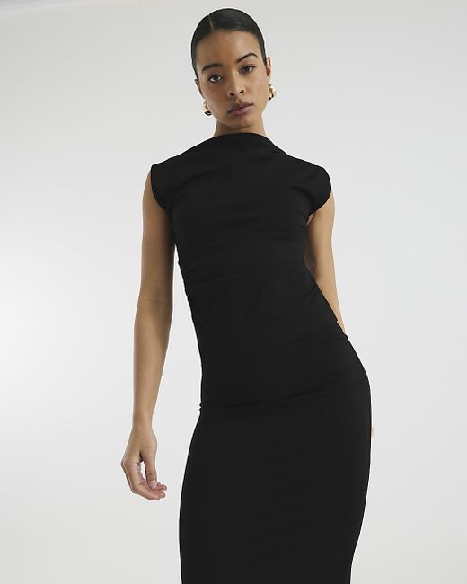 River Island Black High Neck Top Short Sleeve Draped