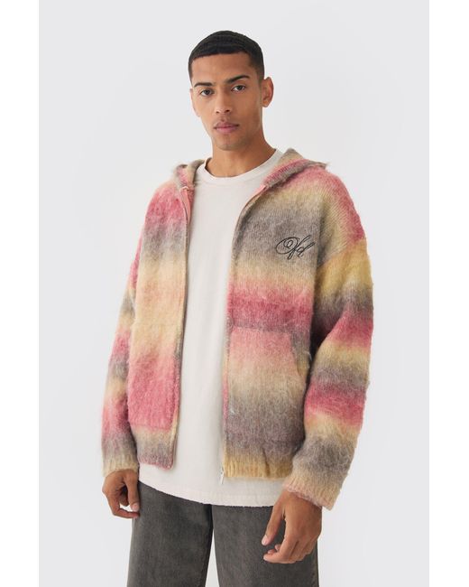 BoohooMAN Pink Oversized Boxy Ofcl Brushed Ombre Stripe Knitted Zip Through Hoodie for men