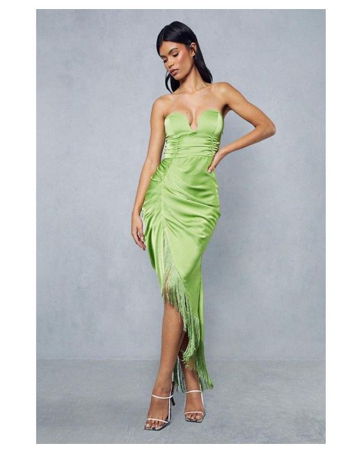 MissPap Green Premium Satin V Bar Tassle Hem Draped Midi Dress