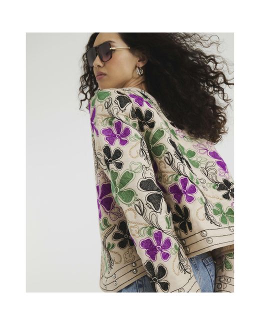 River Island Natural Jacket Long Sleeve Floral Studded