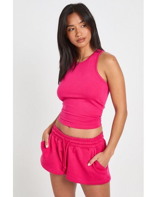 Boohoo Pink Petite Racer Top And Sweat Short Set